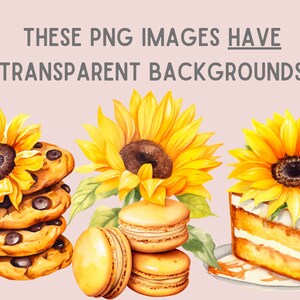 Puede incluir: Una ilustraci&oacute;n de acuarela de una pila de galletas con chispas de chocolate, una pila de macarons amarillos, una rebanada de pastel amarillo con glaseado blanco y tres girasoles. Estas im&aacute;genes PNG tienen fondos transparentes.