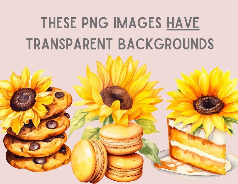 Puede incluir: Una ilustraci&oacute;n de acuarela de una pila de galletas con chispas de chocolate, una pila de macarons amarillos, una rebanada de pastel amarillo con glaseado blanco y tres girasoles. Estas im&aacute;genes PNG tienen fondos transparentes.