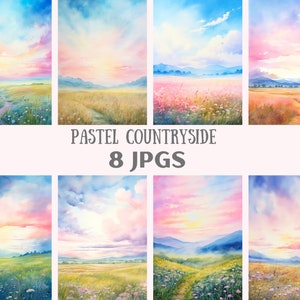 Aquarell Pastell Landschaft Clipart Sonnenuntergang Landschaft JPG Digitales Bild Downloads für die Kartenherstellung Scrapbook Junk Journal Papierhandwerk