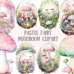 Aquarelle pastel fée champignon Clipart conte de fées fantastique PNG Image numérique à télécharger pour la fabrication de cartes Scrapbook Junk Journal travaux manuels en papier