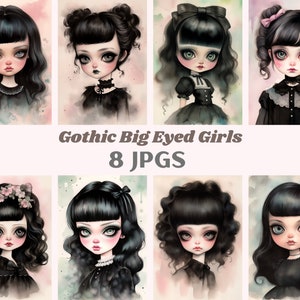 Aquarell Gothic Big Eyed Girl Clipart Creepy Cute Girl Art JPG Digitalbild Downloads für die Kartenherstellung Scrapbook Junk Journal Paper Craft