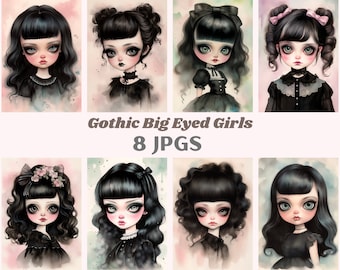 May include: Eight digital illustrations of gothic girls with large eyes, black hair, and wearing black dresses. The girls have different hairstyles and accessories. The title "Gothic Big Eyed Girls 8 JPGS" is displayed below the images.
