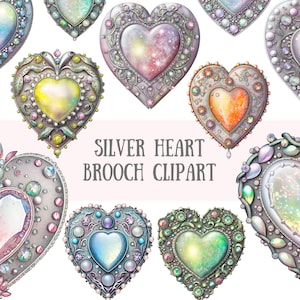 Aquarel zilveren hart broche clipart edelsteen sieraden png digitale afbeelding downloads voor kaarten maken plakboek junk dagboek papier ambachten