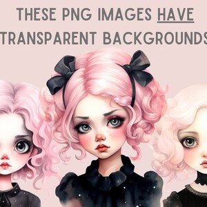 May include: Three digital illustrations of girls with pink curly hair. Each girl is wearing a black dress with a white collar and a black bow. The background is a light pink.