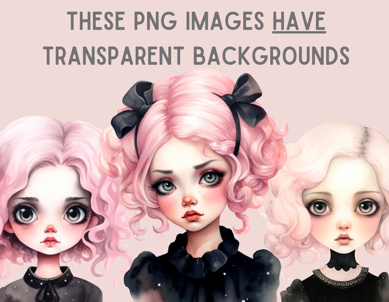 May include: Three digital illustrations of girls with pink curly hair. Each girl is wearing a black dress with a white collar and a black bow. The background is a light pink.
