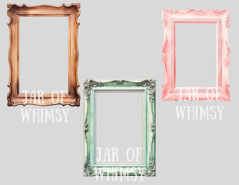 May include: Three ornate picture frames with a white background. The frames are in different colors: brown, pink, and green. The frames have a decorative design and the text "JAR OF WHIMSY" is printed below each frame.