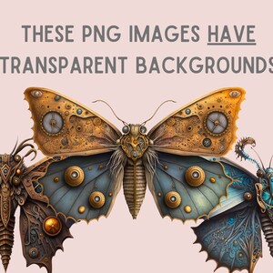 May include: Three steampunk-style butterflies with intricate gears and clockwork details. The butterflies are gold, blue, and brown with intricate details. The butterflies are on a light pink background.