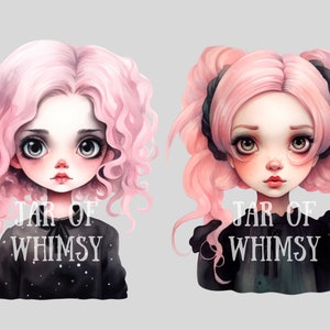 May include: Two digital illustrations of girls with pink curly hair. Both girls are wearing black dresses with white polka dots. The text "JAR OF WHIMSY" is written below each girl.