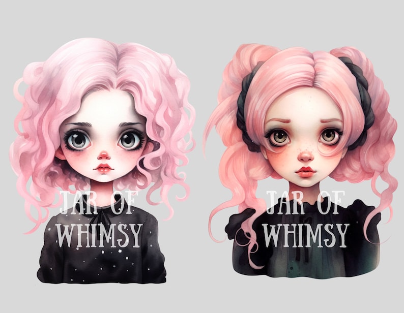 May include: Two digital illustrations of girls with pink curly hair. Both girls are wearing black dresses with white polka dots. The text "JAR OF WHIMSY" is written below each girl.