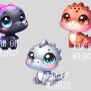 Puede incluir: Tres dinosaurios de dibujos animados con ojos grandes. Los dinosaurios son negros con manchas moradas y blancas, rojos con manchas marrones y grises con manchas blancas. Cada dinosaurio tiene el texto "Jar of Whimsy" debajo.