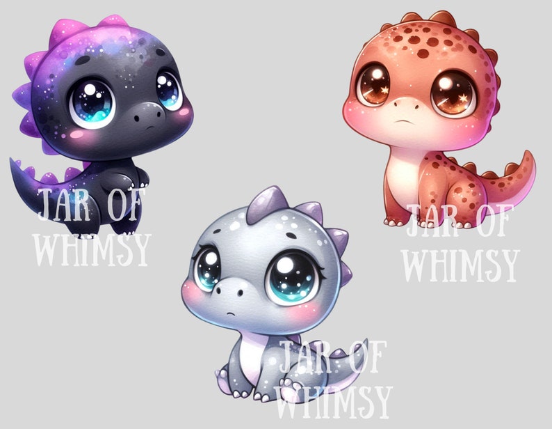 Puede incluir: Tres dinosaurios de dibujos animados con ojos grandes. Los dinosaurios son negros con manchas moradas y blancas, rojos con manchas marrones y grises con manchas blancas. Cada dinosaurio tiene el texto "Jar of Whimsy" debajo.