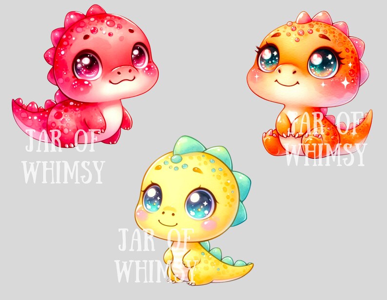 Puede incluir: Tres dinosaurios de dibujos animados con ojos grandes y detalles brillantes. Los dinosaurios son rojos, naranjas y amarillos. El texto "JAR OF WHIMSY" aparece debajo de cada dinosaurio.