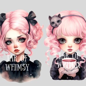 May include: Two digital illustrations of girls with pink curly hair. The girl on the left has a black bow in her hair and is wearing a black dress with the text "JAR OF WHIMSY". The girl on the right has a black headband with a gray cat on top and is holding a pink and white teacup with a pink liquid inside. She is wearing a black dress with the text "JAR OF WHIMSY".