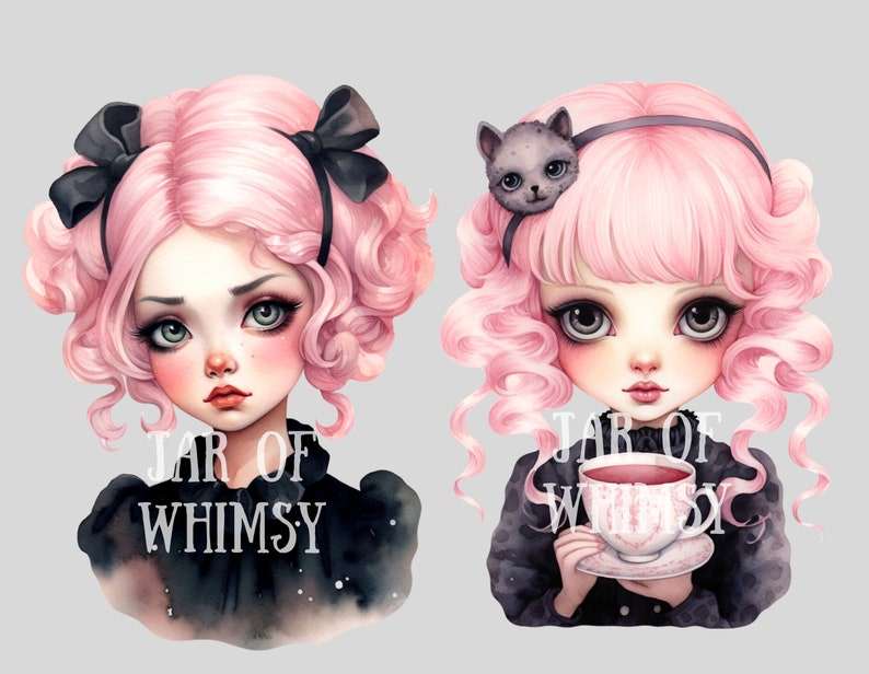 May include: Two digital illustrations of girls with pink curly hair. The girl on the left has a black bow in her hair and is wearing a black dress with the text "JAR OF WHIMSY". The girl on the right has a black headband with a gray cat on top and is holding a pink and white teacup with a pink liquid inside. She is wearing a black dress with the text "JAR OF WHIMSY".