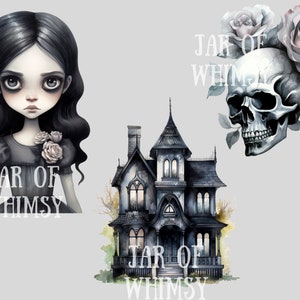Puede incluir: Un conjunto de ilustraciones digitales que presenta una casa de estilo g&oacute;tico y espeluznante, una calavera con rosas y una ni&ntilde;a con cabello oscuro y un vestido negro. El texto "Jar of Whimsy" aparece en cada imagen.