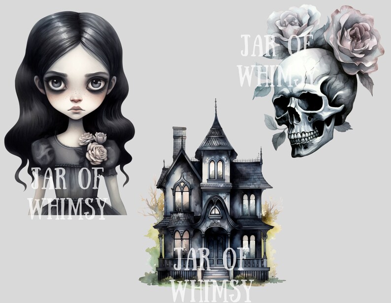 Puede incluir: Un conjunto de ilustraciones digitales que presenta una casa de estilo g&oacute;tico y espeluznante, una calavera con rosas y una ni&ntilde;a con cabello oscuro y un vestido negro. El texto "Jar of Whimsy" aparece en cada imagen.