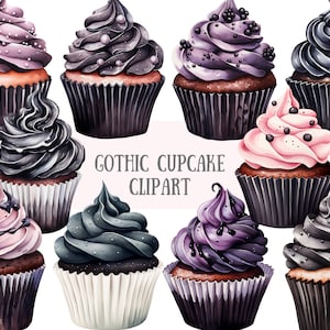 Aquarelle gothique Cupcake Clipart gâteau d'anniversaire noir PNG Image numérique à télécharger pour la fabrication de cartes Scrapbook Junk Journal travaux manuels en papier