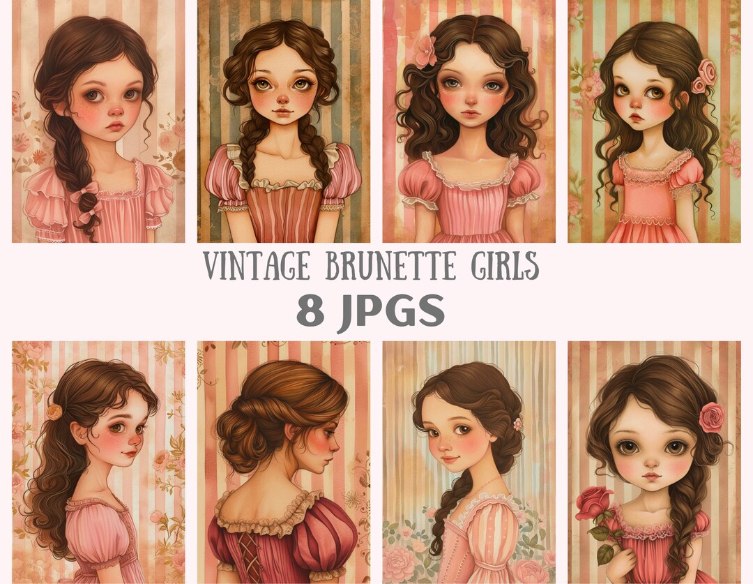 Watercolour Vintage Brunette Girl Clipart Shabby Chic Girl JPG Digital ...