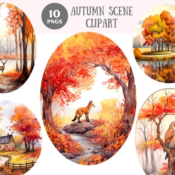 Watercolour Autumn Scene Clipart Fox Deer Duck Woodland PNG Digital Image Downloads for Card Making Scrapbook Junk Journal Paper Crafts