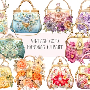 Acuarela Vintage oro bolso Clipart Vintage bolso PNG Descargas de imágenes digitales para la fabricación de tarjetas Scrapbook Junk Journal Crafts