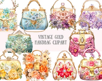 Acuarela Vintage oro bolso Clipart Vintage bolso PNG Descargas de imágenes digitales para la fabricación de tarjetas Scrapbook Junk Journal Crafts
