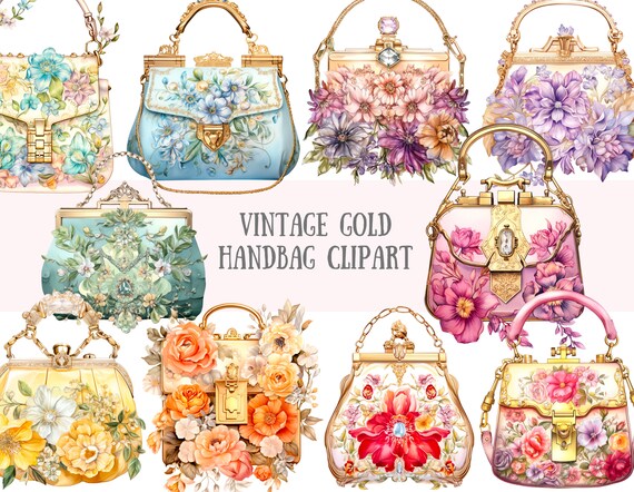 Watercolour Vintage Gold Handbag Clipart Vintage Handbag PNG Digital Image Downloads for Card Making Scrapbook Junk Journal Crafts