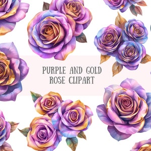 Aquarell lila und Gold Rose Clipart Blume Blumenstrauß PNG digitales Bild Download für Kartenherstellung Scrapbook Junk Journal Papierhandwerk