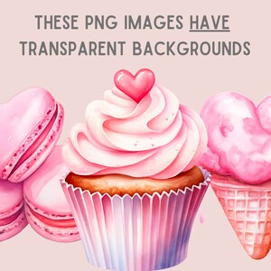 May include: Pink heart-shaped macarons, a pink cupcake with white frosting and a pink heart on top, and a pink heart-shaped ice cream cone with a waffle cone.