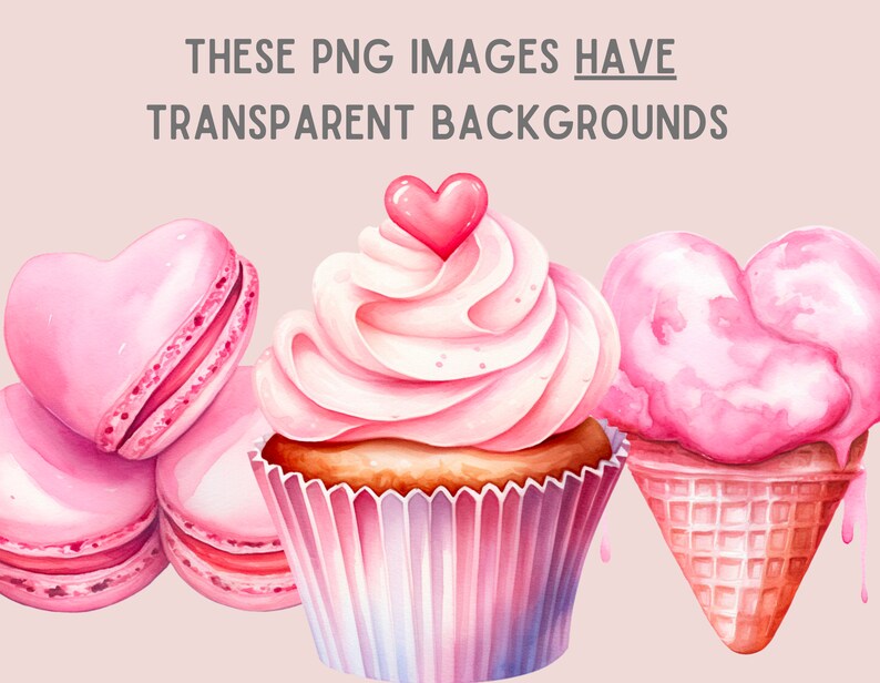 May include: Pink heart-shaped macarons, a pink cupcake with white frosting and a pink heart on top, and a pink heart-shaped ice cream cone with a waffle cone.