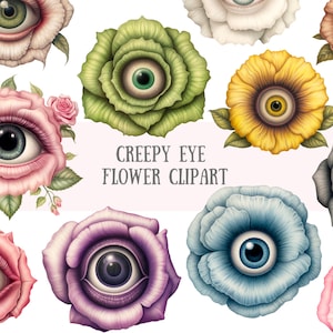 Op de afbeelding: Een set van 10 digitale clip art afbeeldingen met griezelige oogbloemen. De bloemen zijn in verschillende kleuren, waaronder roze, groen, blauw, geel en paars. Elke bloem heeft een groot oog in het midden.