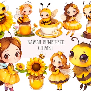 Acuarela Kawaii Bumblebee Clipart Lindo Chibi Bee Girl PNG Descargas de imágenes digitales para hacer tarjetas Scrapbook Junk Journal Paper Crafts