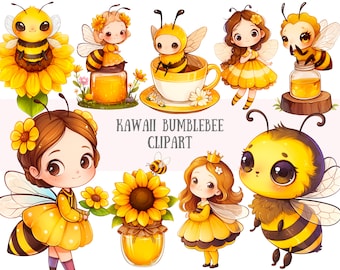 May include: Kawaii bumblebee clipart set featuring cute cartoon bumblebees, flowers, and honey jars. The set includes a girl dressed as a bumblebee, a bumblebee in a teacup, and a bumblebee with a crown.