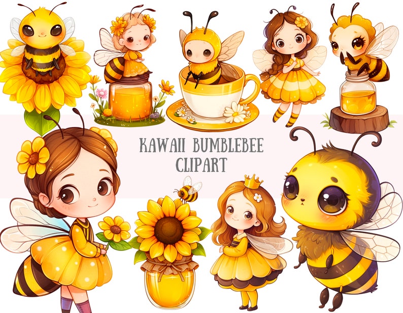 May include: Kawaii bumblebee clipart set featuring cute cartoon bumblebees, flowers, and honey jars. The set includes a girl dressed as a bumblebee, a bumblebee in a teacup, and a bumblebee with a crown.