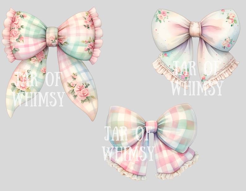 Puede incluir: Tres lazos de cuadros pastel rosa, azul y verde con detalles florales. Cada lazo tiene un borde de encaje blanco y el texto "Jar of Whimsy" est&aacute; impreso en la imagen.