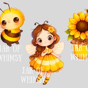 May include: A cute cartoon bee wearing a yellow and black striped costume, a fairy with brown hair and a yellow dress, and a jar of honey with a sunflower on top. The text "Jar of Whimsy" appears three times on the image.
