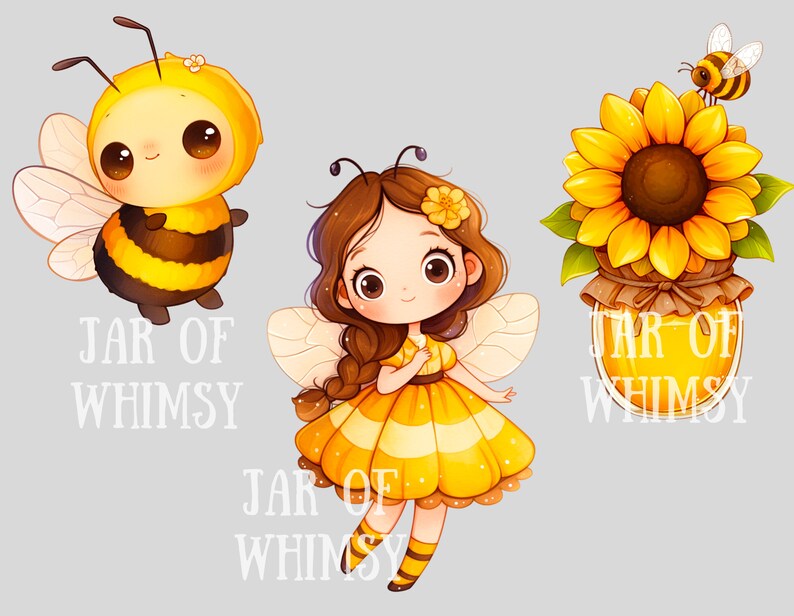 May include: A cute cartoon bee wearing a yellow and black striped costume, a fairy with brown hair and a yellow dress, and a jar of honey with a sunflower on top. The text "Jar of Whimsy" appears three times on the image.