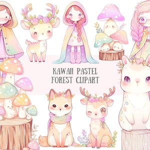 Aquarelle Kawaii pastel forêt Clipart jolie fille des bois PNG Image numérique à télécharger pour la fabrication de cartes Scrapbook Junk Journal travaux manuels en papier