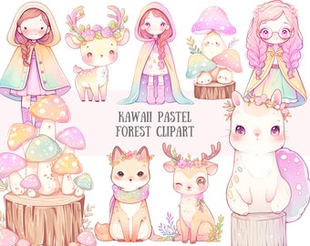 May include: Kawaii pastel forest clipart featuring a variety of cute animals, including a deer, fox, and bunny, as well as mushrooms and flowers. The clipart is perfect for adding a touch of whimsy to any project.