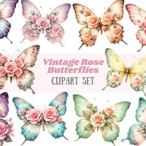 Aquarell Vintage Rose Schmetterling Clipart Shabby Chic Motte PNG digitale Bild-Downloads für die Kartenherstellung Scrapbook Junk Journal Papierhandwerk