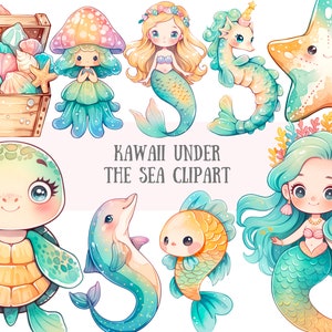 Aquarela Kawaii Sob o Mar Clipart Cute Chibi Mermaid PNG Downloads de imagens digitais para fazer cartões Scrapbook Junk Journal Paper Crafts
