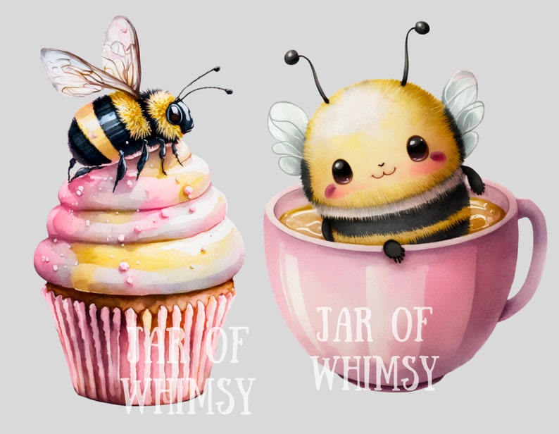 Pu&ograve; includere: Illustrazione ad acquerello di un calabrone su un cupcake e un'ape in una tazza rosa. Il cupcake ha una glassa rosa e gialla. La tazza &egrave; rosa e riempita con un liquido marrone chiaro. Il testo "JAR OF WHIMSY" &egrave; in bianco.
