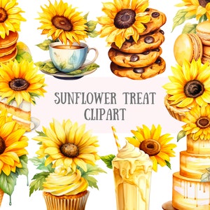 Puede incluir: Clipart de acuarela con tem&aacute;tica de girasol. Un cupcake, un pastel, un batido, panqueques, galletas y un pastel est&aacute;n decorados con girasoles. El texto "Sunflower Treat Clipart" est&aacute; escrito en el centro de la imagen.