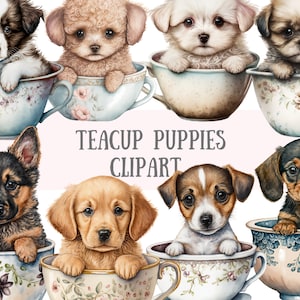Acquerello Vintage Teacup Puppies Clipart - Kawaii Dog PNG Download di immagini digitali per la creazione di cartoline, album di ritagli, diario spazzatura, artigianato di carta