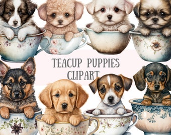 Watercolour Vintage Teacup Puppies Clipart - Kawaii Dog PNG Digital Image Downloads for Card Making, Scrapbook, Junk Journal, Paper Crafts