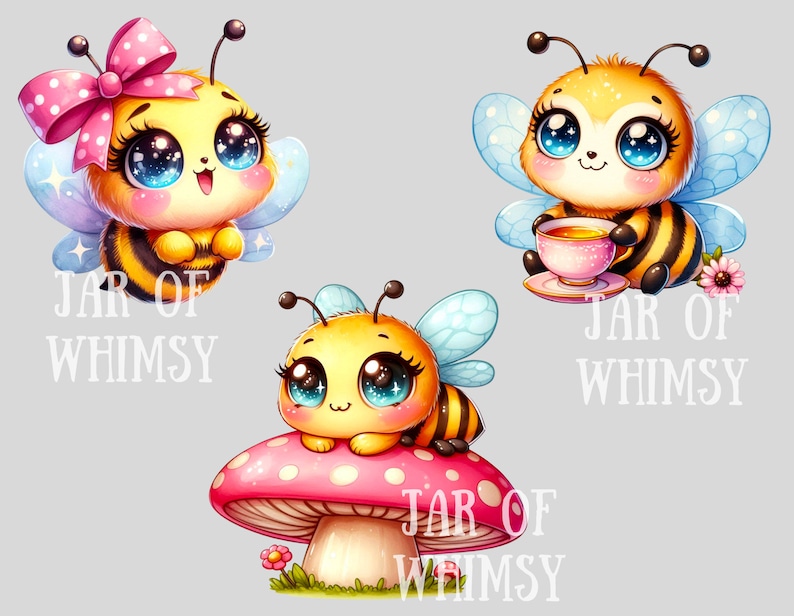 Peut inclure: Trois illustrations de abeilles de dessin anim&eacute; avec de grands yeux et des ailes. La premi&egrave;re abeille porte un n&oelig;ud rose et a un effet de scintillement. La deuxi&egrave;me abeille tient une tasse de th&eacute;. La troisi&egrave;me abeille est assise sur un champignon rouge et blanc. Chaque abeille a le texte "JAR OF WHIMSY" en dessous.