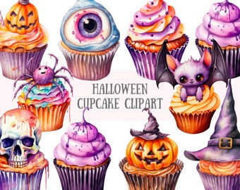 Könnte beinhalten: Ein Set mit zehn Halloween-Cupcakes mit verschiedenen gruseligen Dekorationen. Die Cupcakes sind mit einem Kürbis, einem Augapfel, einer Spinne, einer Fledermaus, einem Schädel und einem Hexenhut verziert. Die Cupcakes sind alle mit buntem Frosting und Streuseln verziert. HALLOWEEN CUPCAKE CLIPART