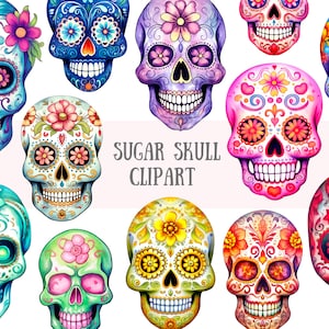 Aquarell Sugar Skull Clipart Tag der Toten Calavera Schädel PNG digitale Bild-Downloads für die Kartenherstellung Scrapbook Junk Journal Crafts