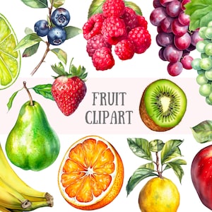 Acquerello Frutta Clipart Fragola Mirtillo Mela Uva PNG Download di immagini digitali per la creazione di cartoline Scrapbook Junk Journal Paper Crafts