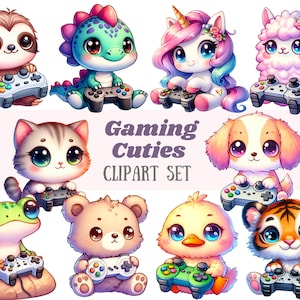 Aquarell Gaming Tier Clipart Videospiel Controller PNG Digitales Bild Download für Kartenherstellung Scrapbook Junk Journal Papierhandwerk