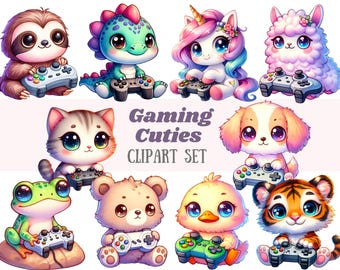 May include: A set of 10 adorable cartoon animal characters holding video game controllers. The animals include a sloth, dinosaur, unicorn, llama, cat, dog, frog, bear, duck, and tiger. The characters are all brightly colored and have big eyes. The text "Gaming Cuties Clipart Set" is written in the center of the image.